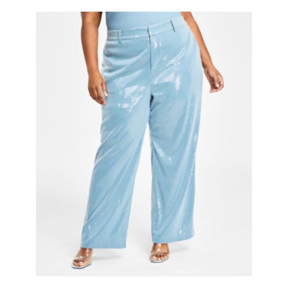 NINA PARKER Womens Light Blue Zippered Pocketed Party Wide Leg Pants Plus 22W